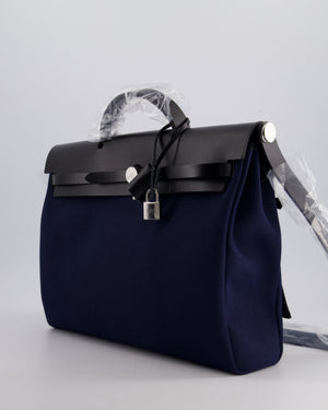 Hermès Herbag 39 Messanger in Bleu Marine Canvas and Noir Leather with Palladium Hardware