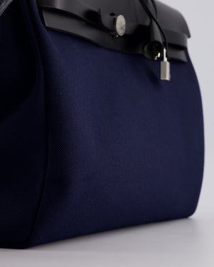 Hermès Herbag 39 Messanger in Bleu Marine Canvas and Noir Leather with Palladium Hardware