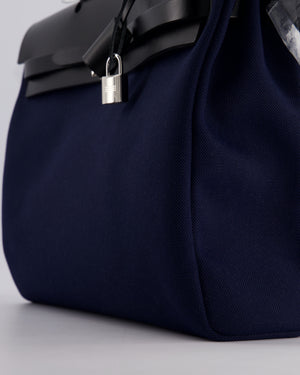 Hermès Herbag 39 Messanger in Bleu Marine Canvas and Noir Leather with Palladium Hardware