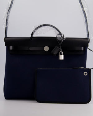 Hermès Herbag 39 Messanger in Bleu Marine Canvas and Noir Leather with Palladium Hardware