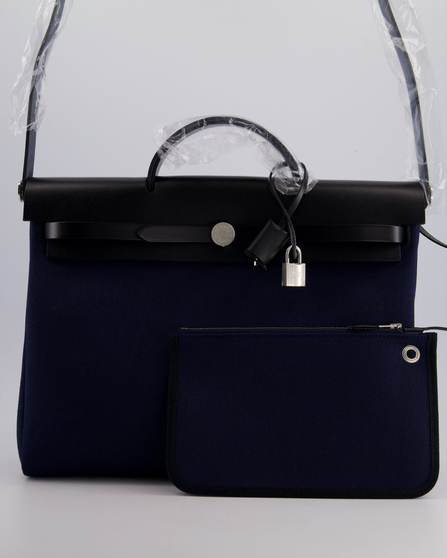 Hermès Herbag 39 Messanger in Bleu Marine Canvas and Noir Leather with Palladium Hardware