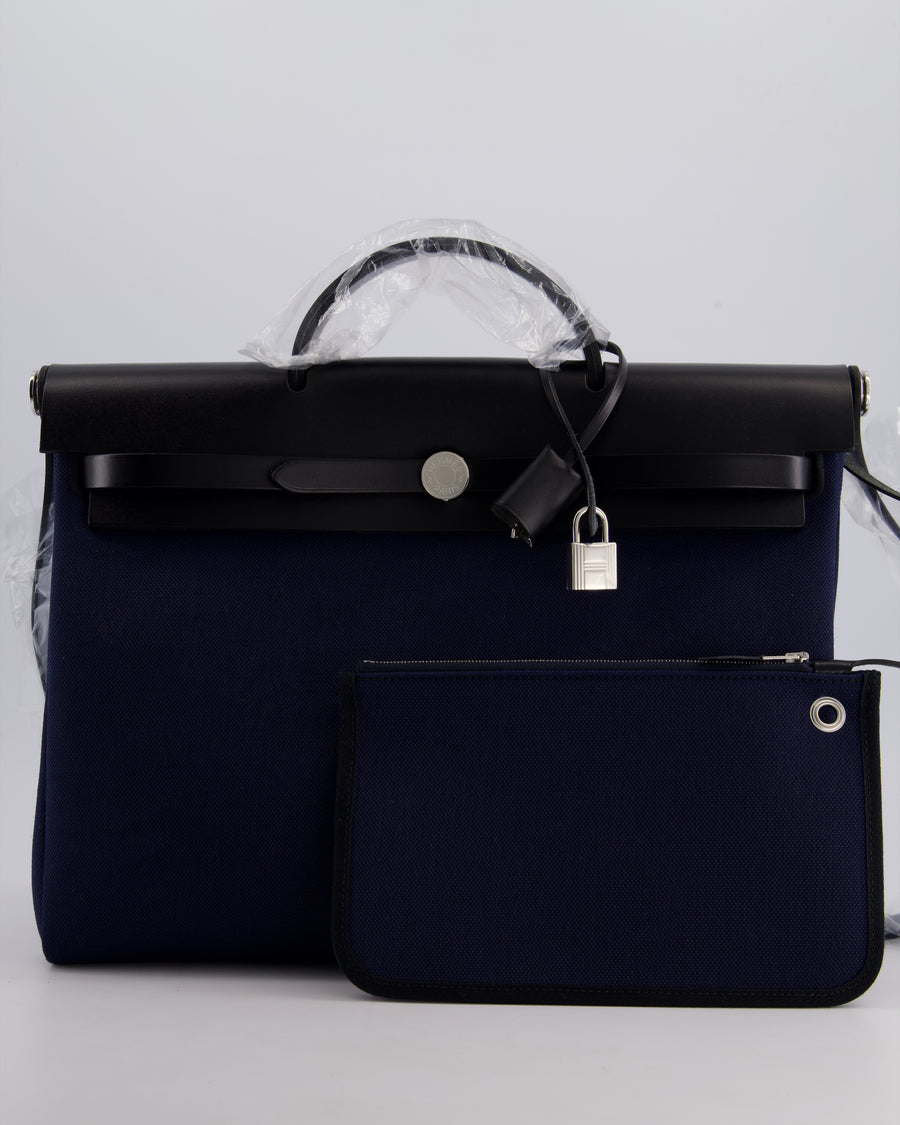 Hermès Herbag 39 Messanger in Bleu Marine Canvas and Noir Leather with Palladium Hardware