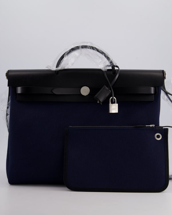 Hermès Herbag 39 Messanger in Bleu Marine Canvas and Noir Leather with Palladium Hardware