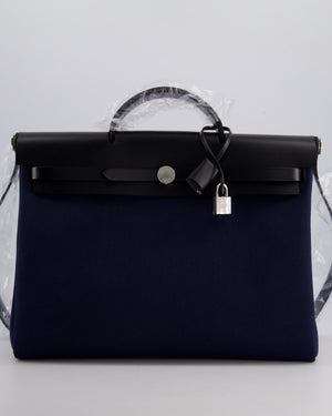 Hermès Herbag 39 Messanger in Bleu Marine Canvas and Noir Leather with Palladium Hardware