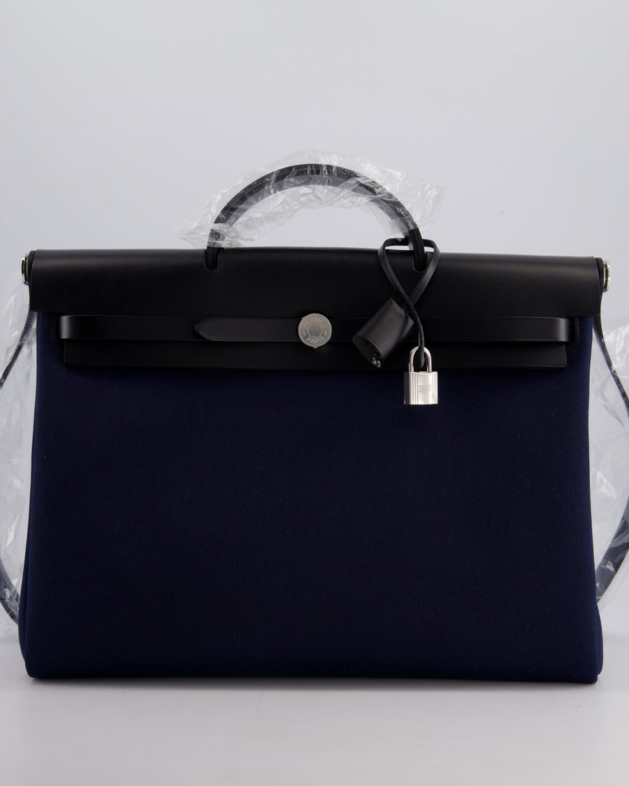 Hermès Herbag 39 Messanger in Bleu Marine Canvas and Noir Leather with Palladium Hardware