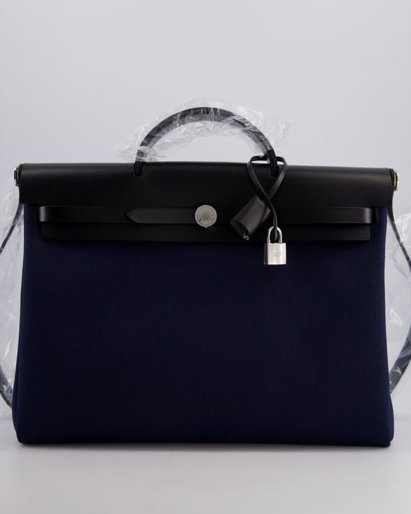 Hermès Herbag 39 Messanger in Bleu Marine Canvas and Noir Leather with Palladium Hardware
