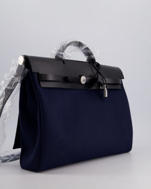 Hermès Herbag 39 Messanger in Bleu Marine Canvas and Noir Leather with Palladium Hardware