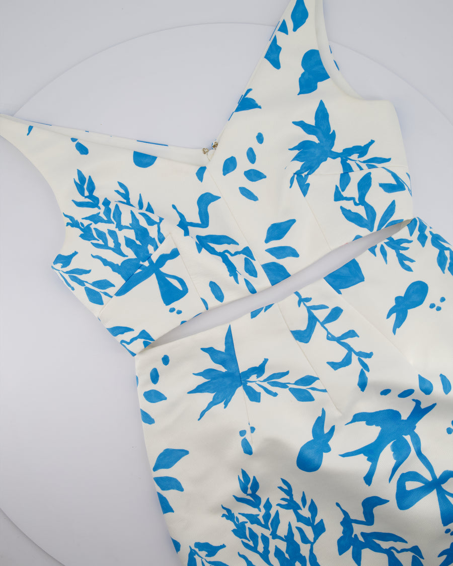Emilia Wickstead White and Blue Floral Printed Crop Top and Midi Skirt Set Size UK 12