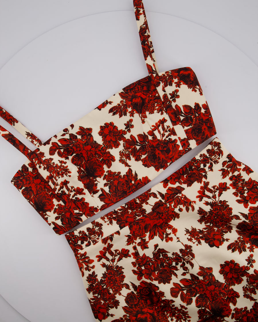 Emilia Wickstead Cream and Red Floral Crop Top and Midi Skirt Set Size UK 12