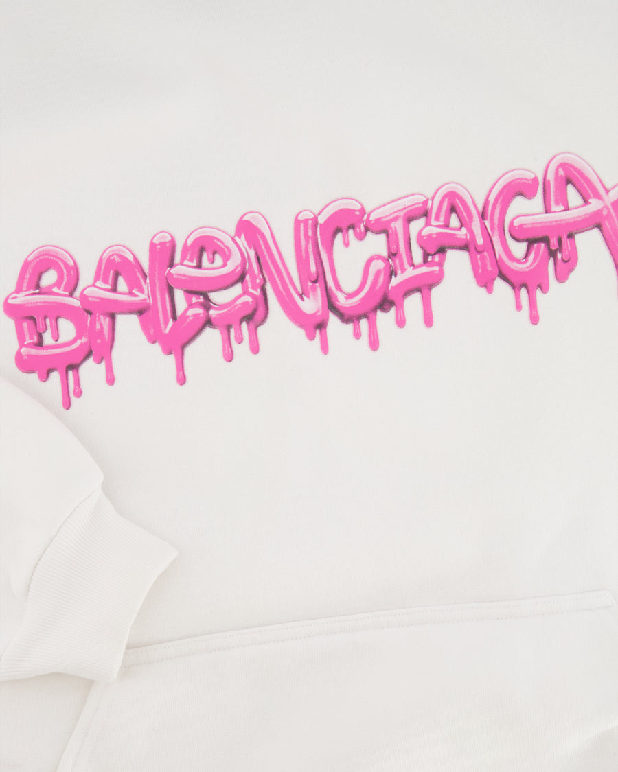 Balenciaga White Hooded Sweater with Pink Logo Size L (UK 10/12) RRP £1,100