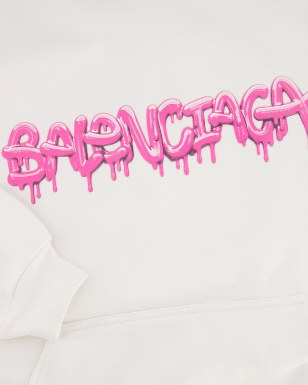 Balenciaga White Hooded Sweater with Pink Logo Size L (UK 10/12) RRP £1,100