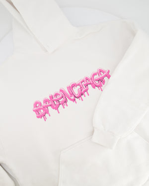 Balenciaga White Hooded Sweater with Pink Logo Size L (UK 10/12) RRP £1,100