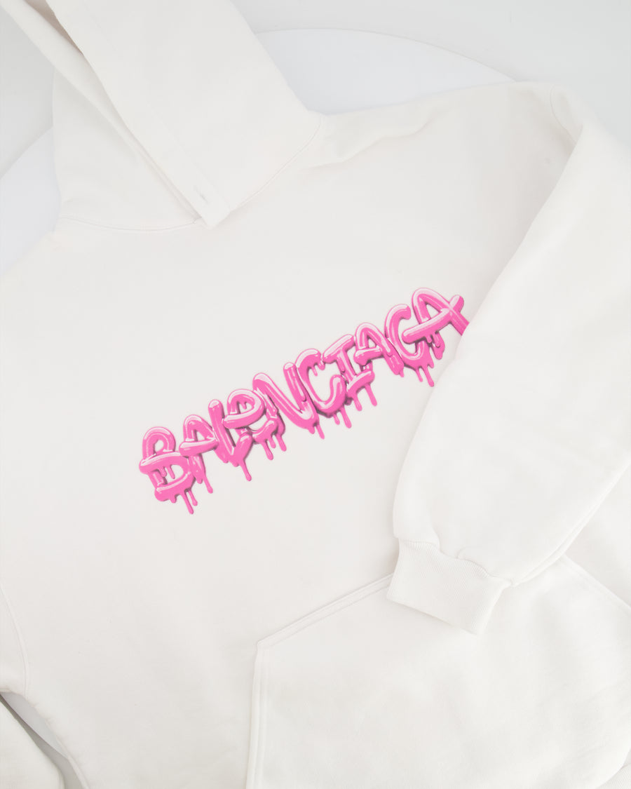 Balenciaga White Hooded Sweater with Pink Logo Size L (UK 10/12) RRP £1,100