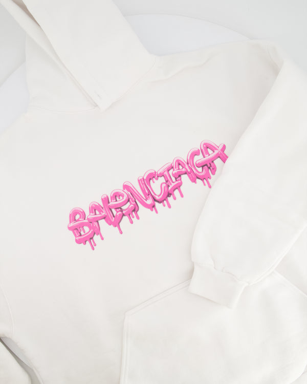 Balenciaga White Hooded Sweater with Pink Logo Size L (UK 10/12) RRP £1,100