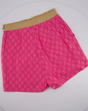 Gucci Pink Silk Monogram Top Shorts Set with Beige Logo Elasticated Detail Size IT 38 (UK 6)