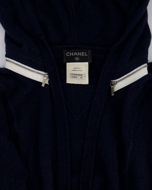 Chanel Navy Two-Piece Cashmere Tracksuit Set with Detachable Hood Detail Size FR 40 (UK 12)