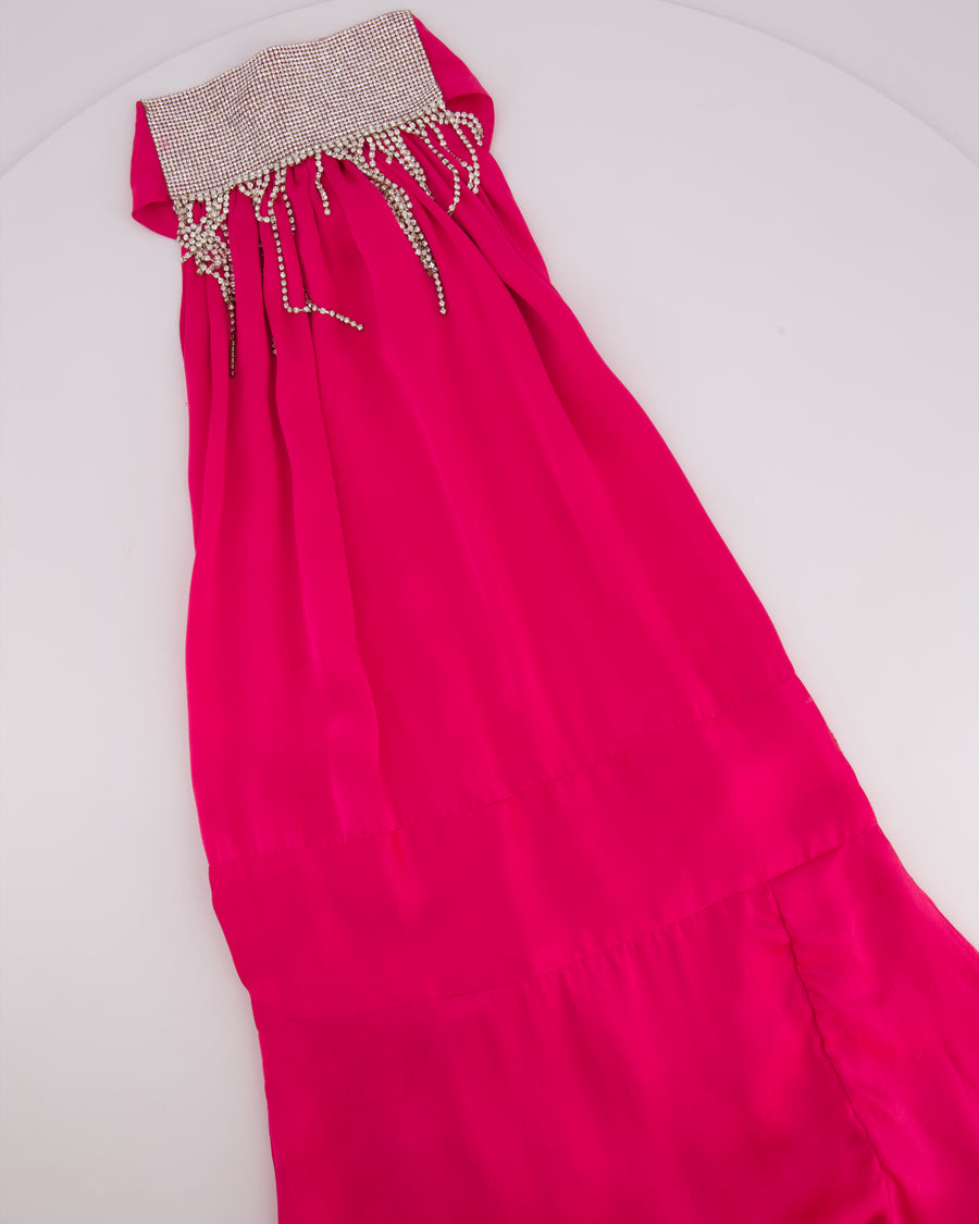 Harmur Silk Fuchsia Maxi Dress with Crystal Neck Detail Size S (UK 8)