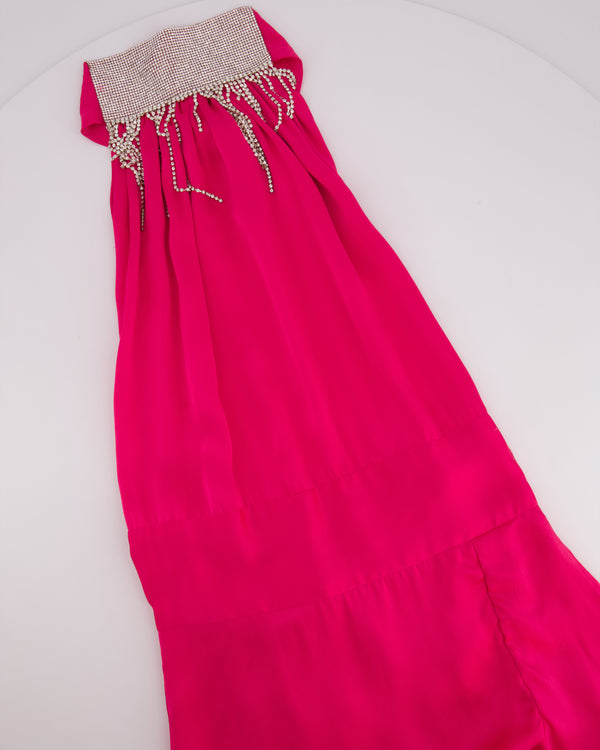 Harmur Silk Fuchsia Maxi Dress with Crystal Neck Detail Size S (UK 8)