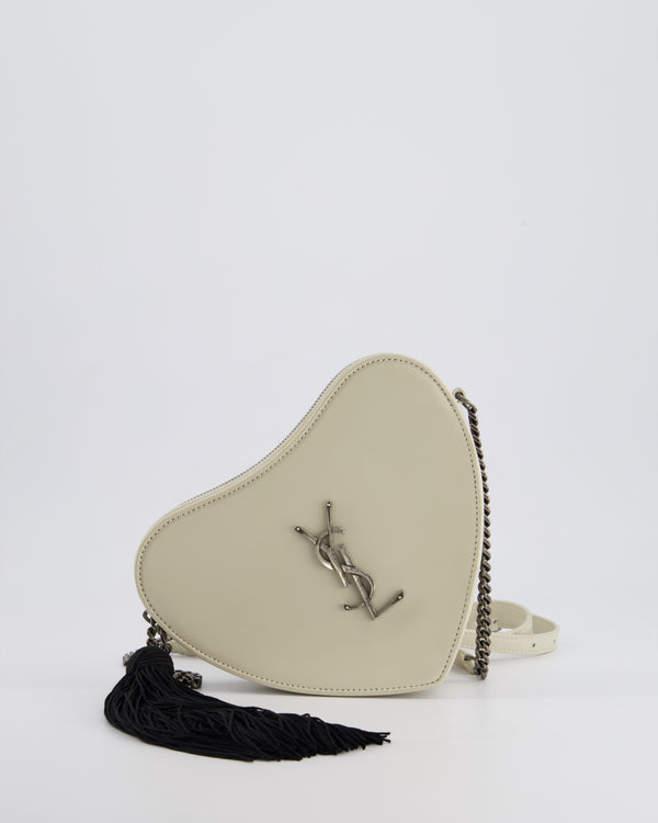 Saint Laurent Cream Heart Cross-Body Bag in Smooth Calfskin with Black Tassle Detail and Silver Hardware