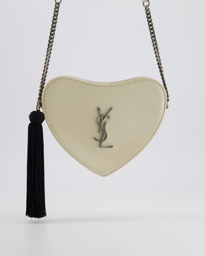 Saint Laurent Cream Heart Cross-Body Bag in Smooth Calfskin with Black Tassle Detail and Silver Hardware
