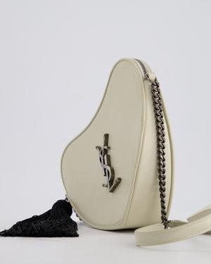 Saint Laurent Cream Heart Cross-Body Bag in Smooth Calfskin with Black Tassle Detail and Silver Hardware