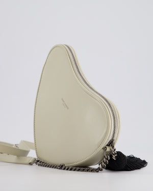 Saint Laurent Cream Heart Cross-Body Bag in Smooth Calfskin with Black Tassle Detail and Silver Hardware