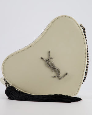 Saint Laurent Cream Heart Cross-Body Bag in Smooth Calfskin with Black Tassle Detail and Silver Hardware