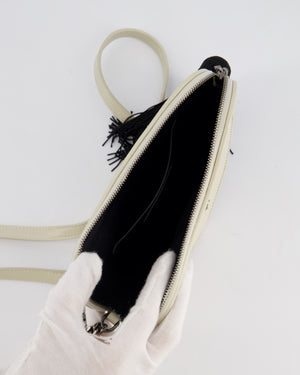 Saint Laurent Cream Heart Cross-Body Bag in Smooth Calfskin with Black Tassle Detail and Silver Hardware