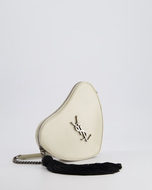 Saint Laurent Cream Heart Cross-Body Bag in Smooth Calfskin with Black Tassle Detail and Silver Hardware