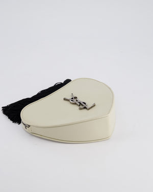 Saint Laurent Cream Heart Cross-Body Bag in Smooth Calfskin with Black Tassle Detail and Silver Hardware