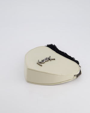 Saint Laurent Cream Heart Cross-Body Bag in Smooth Calfskin with Black Tassle Detail and Silver Hardware