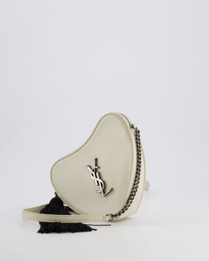 Saint Laurent Cream Heart Cross-Body Bag in Smooth Calfskin with Black Tassle Detail and Silver Hardware
