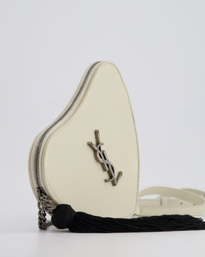 Saint Laurent Cream Heart Cross-Body Bag in Smooth Calfskin with Black Tassle Detail and Silver Hardware