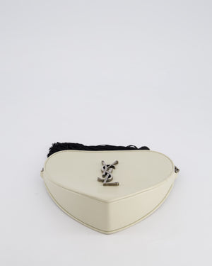 Saint Laurent Cream Heart Cross-Body Bag in Smooth Calfskin with Black Tassle Detail and Silver Hardware