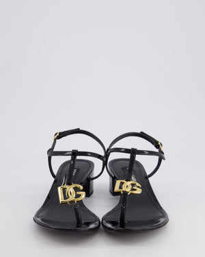 Dolce Gabbana Black Patent Leather Sandals with Block Heel and Gold Logo Detail Size EU 38.5
