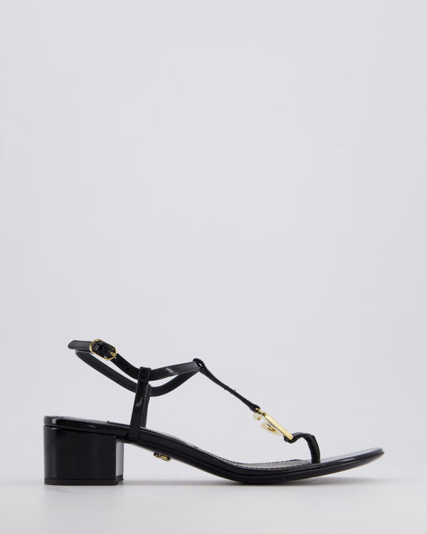 Dolce Gabbana Black Patent Leather Sandals with Block Heel and Gold Logo Detail Size EU 38.5