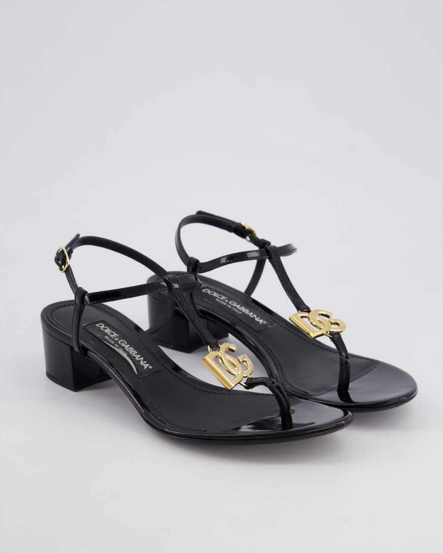Dolce Gabbana Black Patent Leather Sandals with Block Heel and Gold Logo Detail Size EU 38.5
