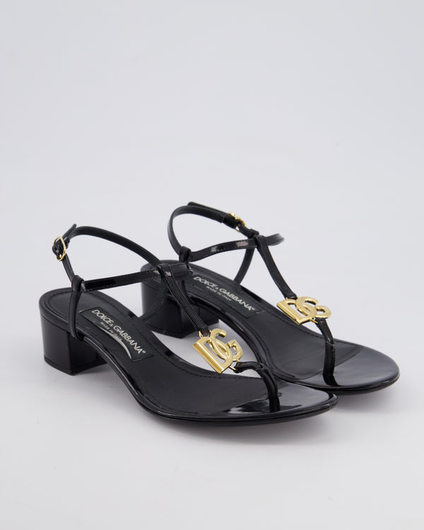 Dolce Gabbana Black Patent Leather Sandals with Block Heel and Gold Logo Detail Size EU 38.5