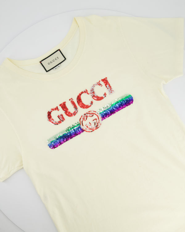 Gucci Cream Glitter Logo Embellished T-Shirt Size XS (UK 6)