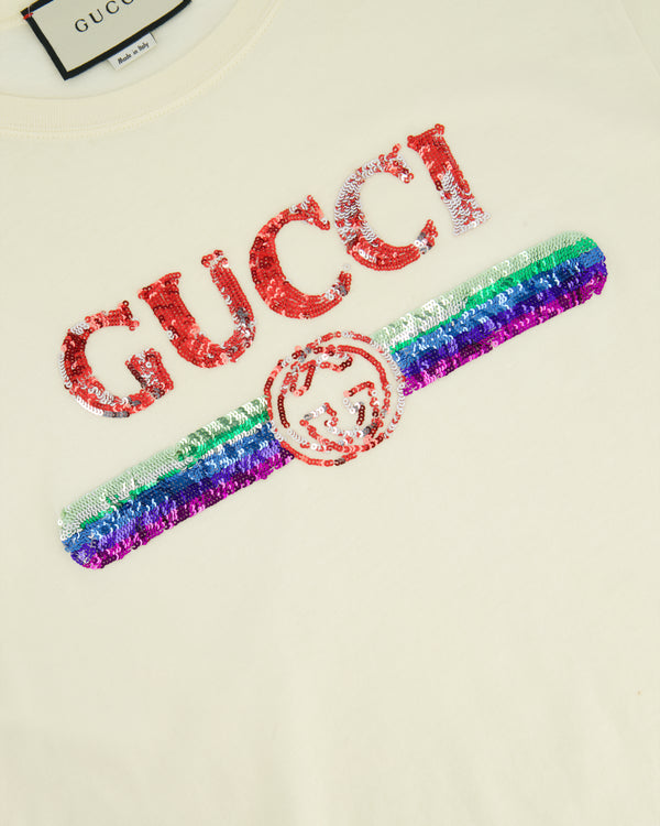 Gucci Cream Glitter Logo Embellished T-Shirt Size XS (UK 6)