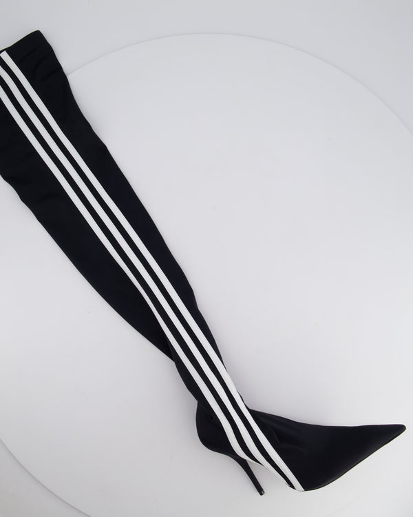 Balenciaga X Adidas Black Knee High Knife Boots with Stripe Detail Size EU 36