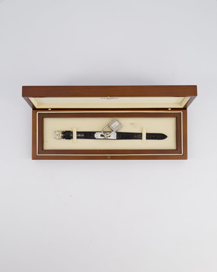 Hermès Kelly Stainless Steel, Diamonds , Black Alligator Crocodile strap and Mother of Pearl 20mm Watch