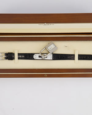 Hermès Kelly Stainless Steel, Diamonds , Black Alligator Crocodile strap and Mother of Pearl 20mm Watch