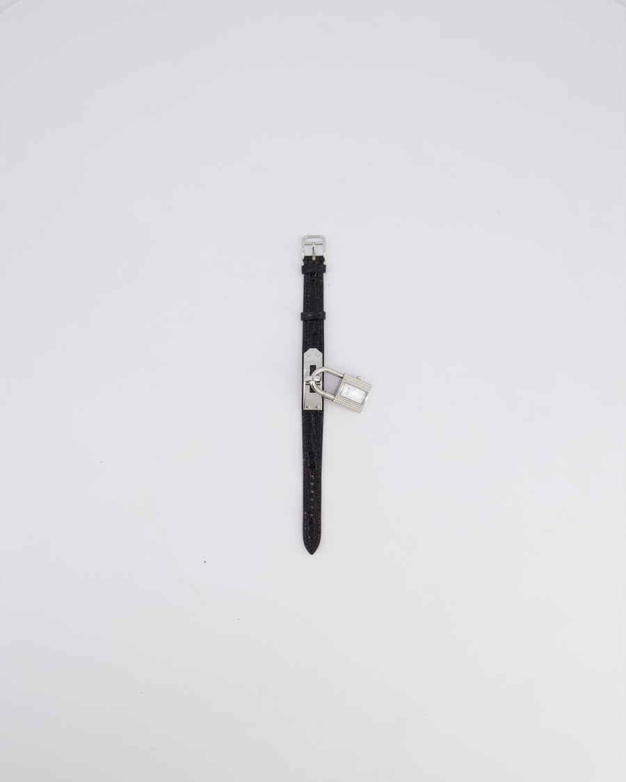 Hermès Kelly Stainless Steel, Diamonds , Black Alligator Crocodile strap and Mother of Pearl 20mm Watch