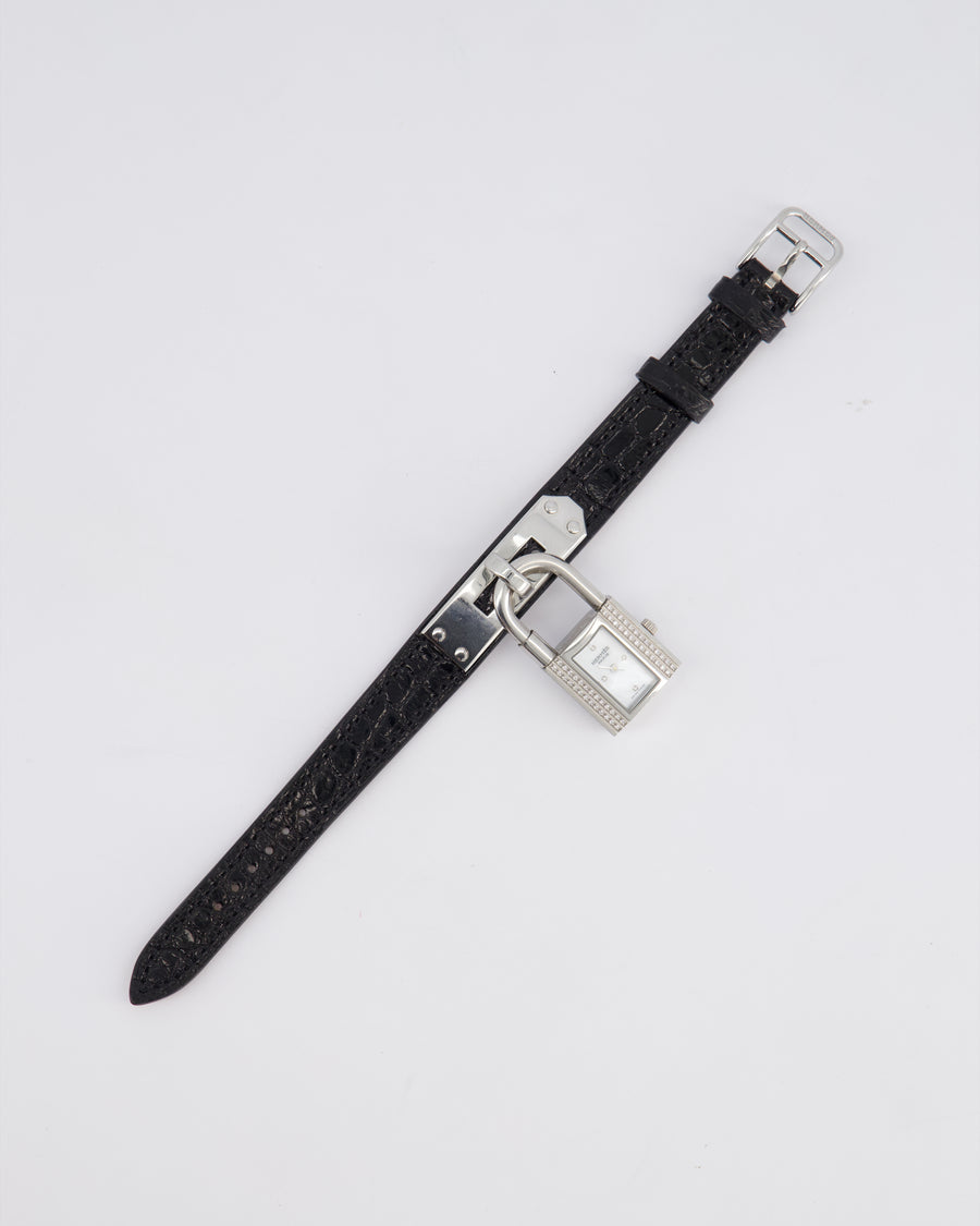 Hermès Kelly Stainless Steel, Diamonds , Black Alligator Crocodile strap and Mother of Pearl 20mm Watch