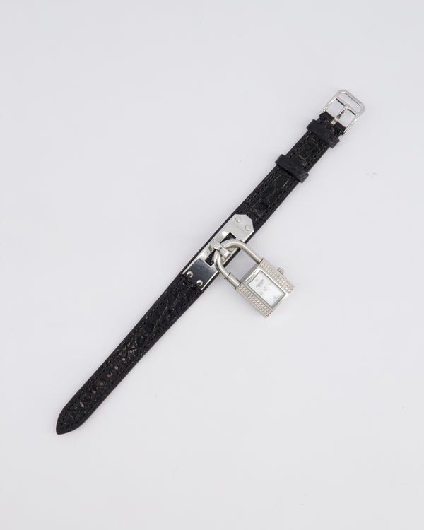 Hermès Kelly Stainless Steel, Diamonds , Black Alligator Crocodile strap and Mother of Pearl 20mm Watch