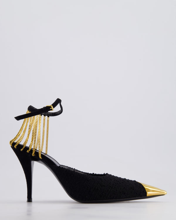 Saint Laurent Black Tweed Chain Embellished Pointed Toe Pumps Size EU 37.5
