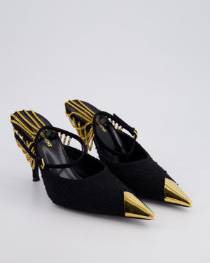 Saint Laurent Black Tweed Chain Embellished Pointed Toe Pumps Size EU 37.5