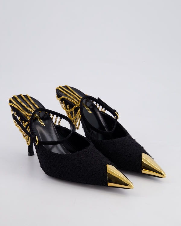 Saint Laurent Black Tweed Chain Embellished Pointed Toe Pumps Size EU 37.5