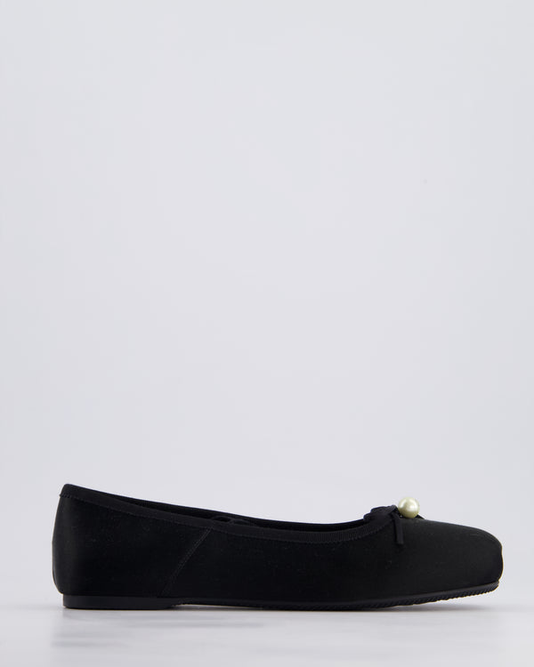Christian Dior Black Satin D-Joy Ballet Flats Pearl & Lace Up Detail Size EU 36.5